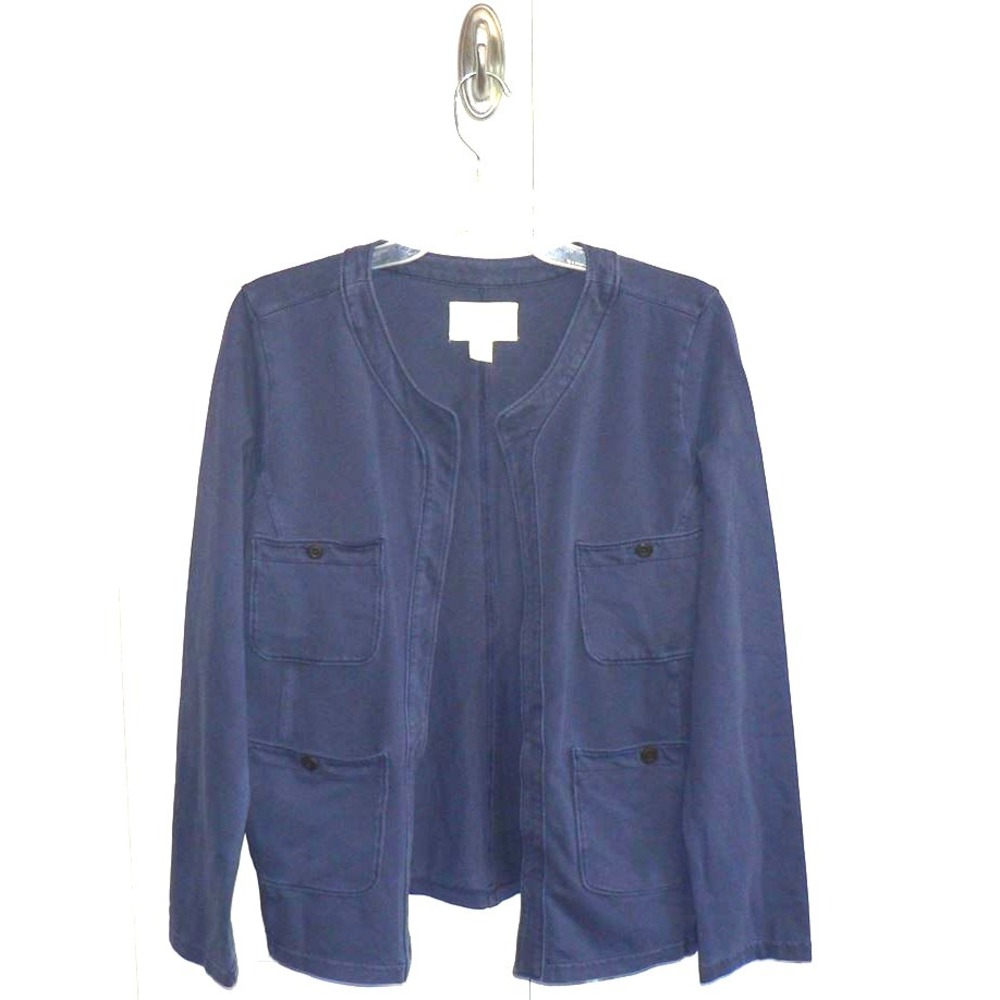 Caslon Women's Organic Cotton Open Front Collarless Pocket Blazer in Blue Medium